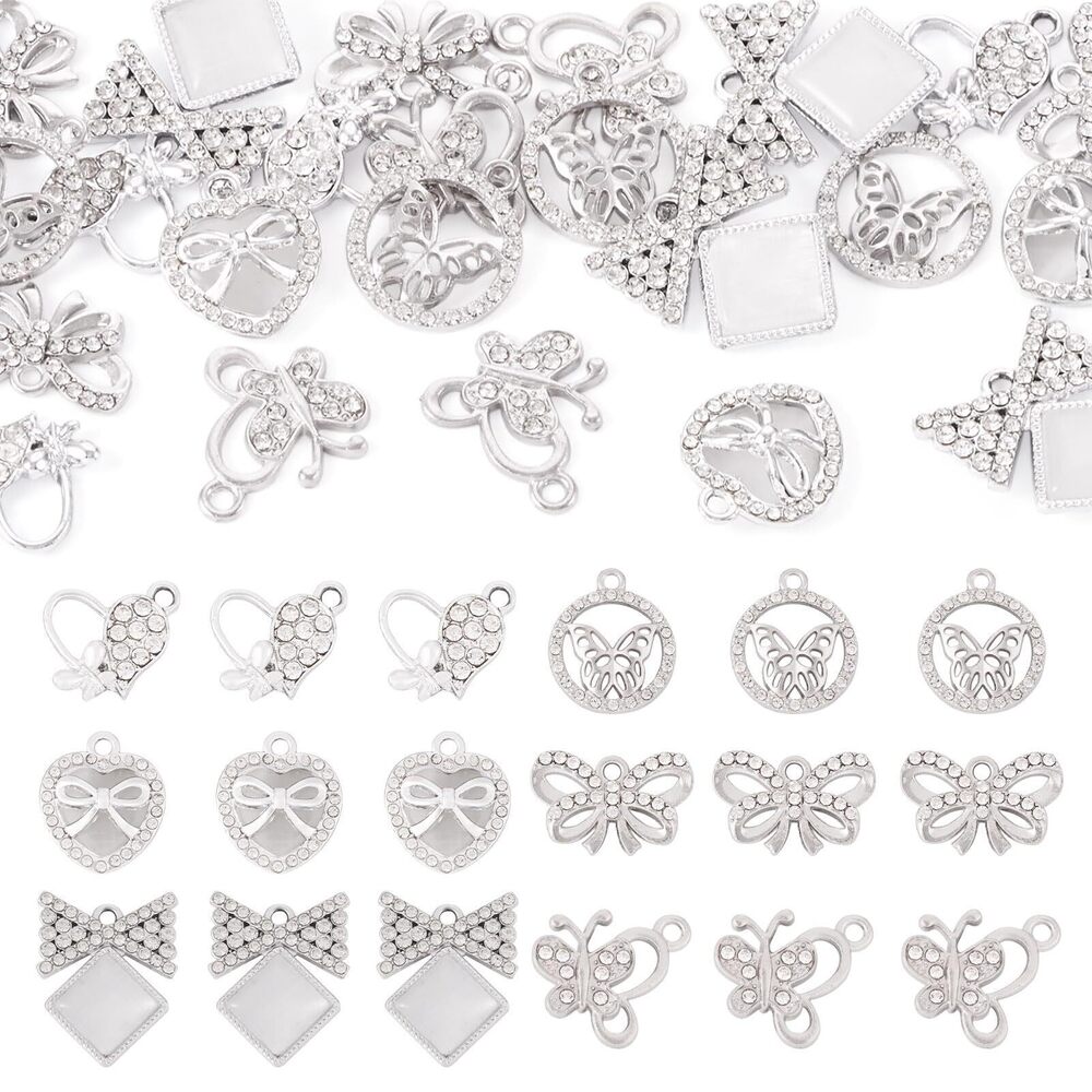 9066 24Pcs Alloy Bowknot Charms Crystal Rhinestone Butterfly Dangle Charms